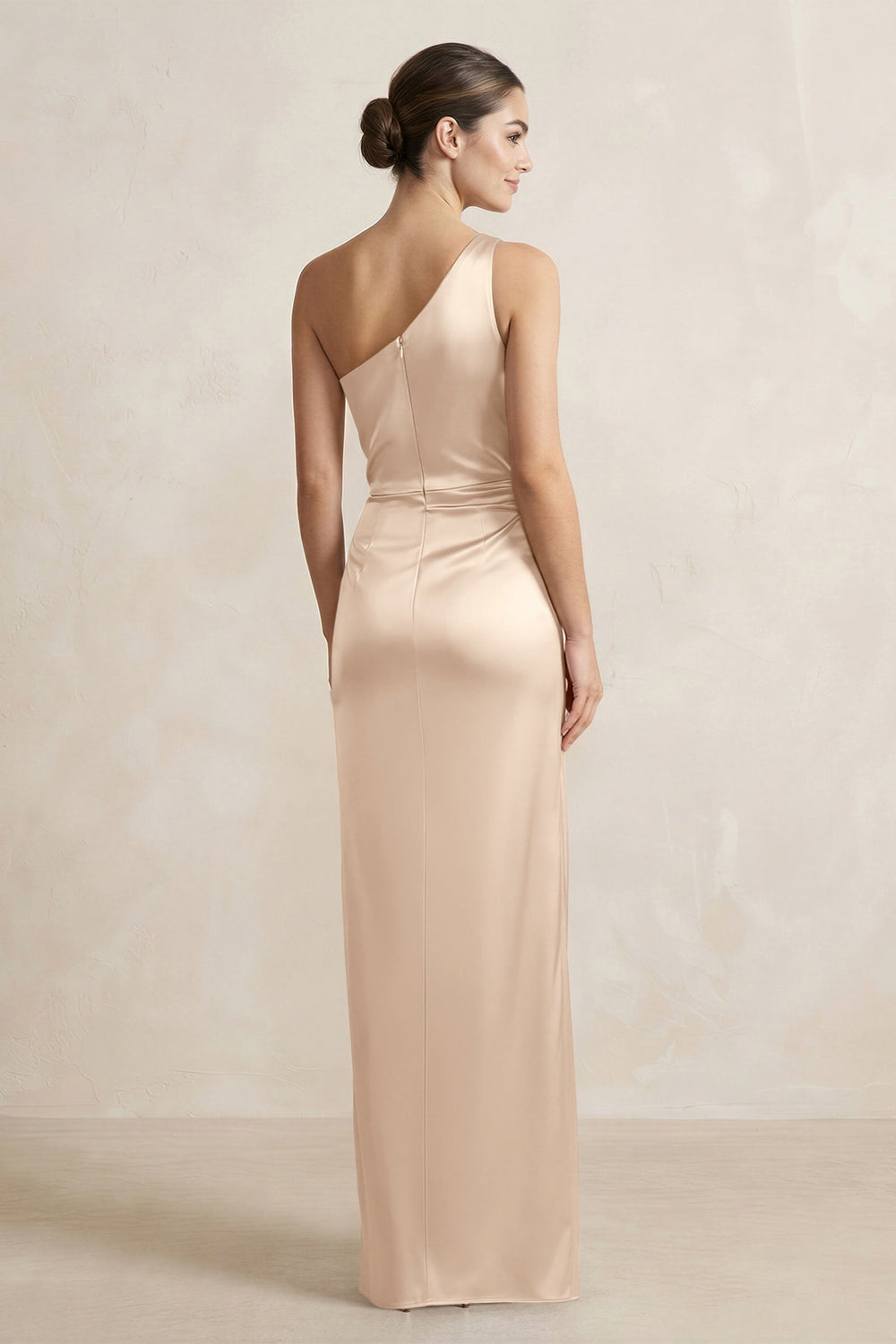 One - Shoulder Ruched Sheath Satin Bridesmaid Dress in Champagne - KISS BRIDAL Bridesmaid Dresses
