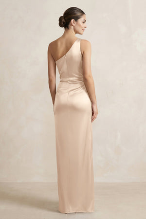 One - Shoulder Ruched Sheath Satin Bridesmaid Dress in Champagne - SHE IS ME Bridesmaid Dresses