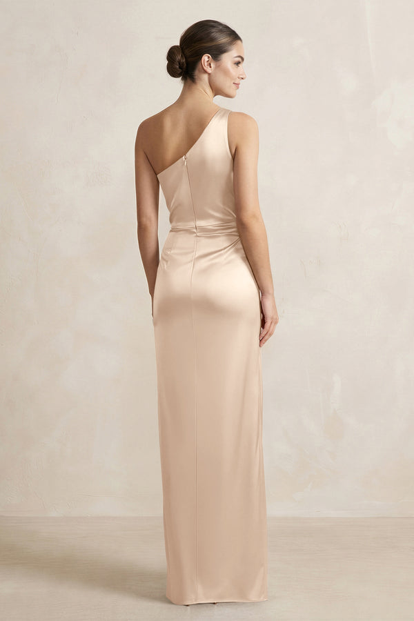 One - Shoulder Ruched Sheath Satin Bridesmaid Dress in Champagne - SHE IS ME Bridesmaid Dresses