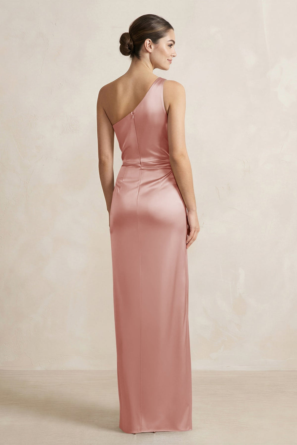 One - Shoulder Ruched Sheath Satin Bridesmaid Dress in Champagne Rose - KISS BRIDAL Bridesmaid Dresses