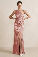 One - Shoulder Ruched Sheath Satin Bridesmaid Dress in Champagne Rose - KISS BRIDAL Bridesmaid Dresses