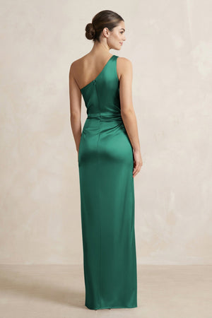 One - Shoulder Ruched Sheath Satin Bridesmaid Dress in Dark Green - KISS BRIDAL Bridesmaid Dresses