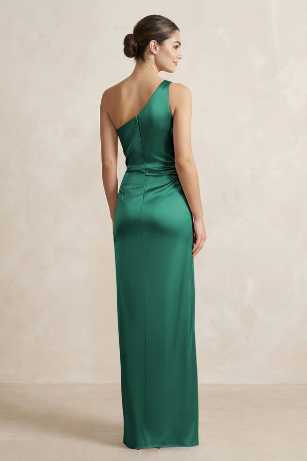 One - Shoulder Ruched Sheath Satin Bridesmaid Dress in Dark Green - KISS BRIDAL Bridesmaid Dresses