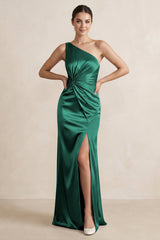 One - Shoulder Ruched Sheath Satin Bridesmaid Dress in Dark Green - KISS BRIDAL Bridesmaid Dresses