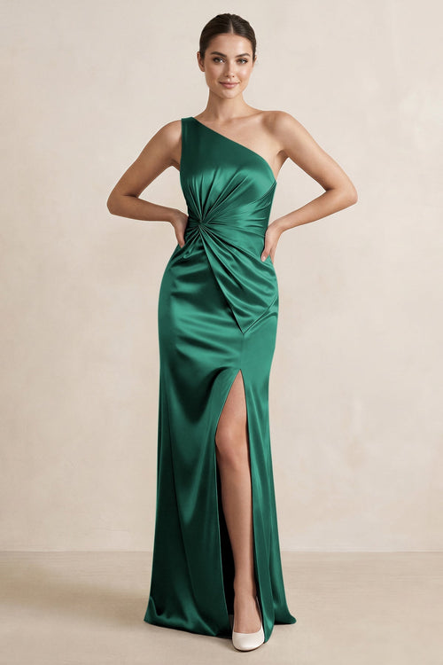 One - Shoulder Ruched Sheath Satin Bridesmaid Dress in Dark Green - KISS BRIDAL Bridesmaid Dresses