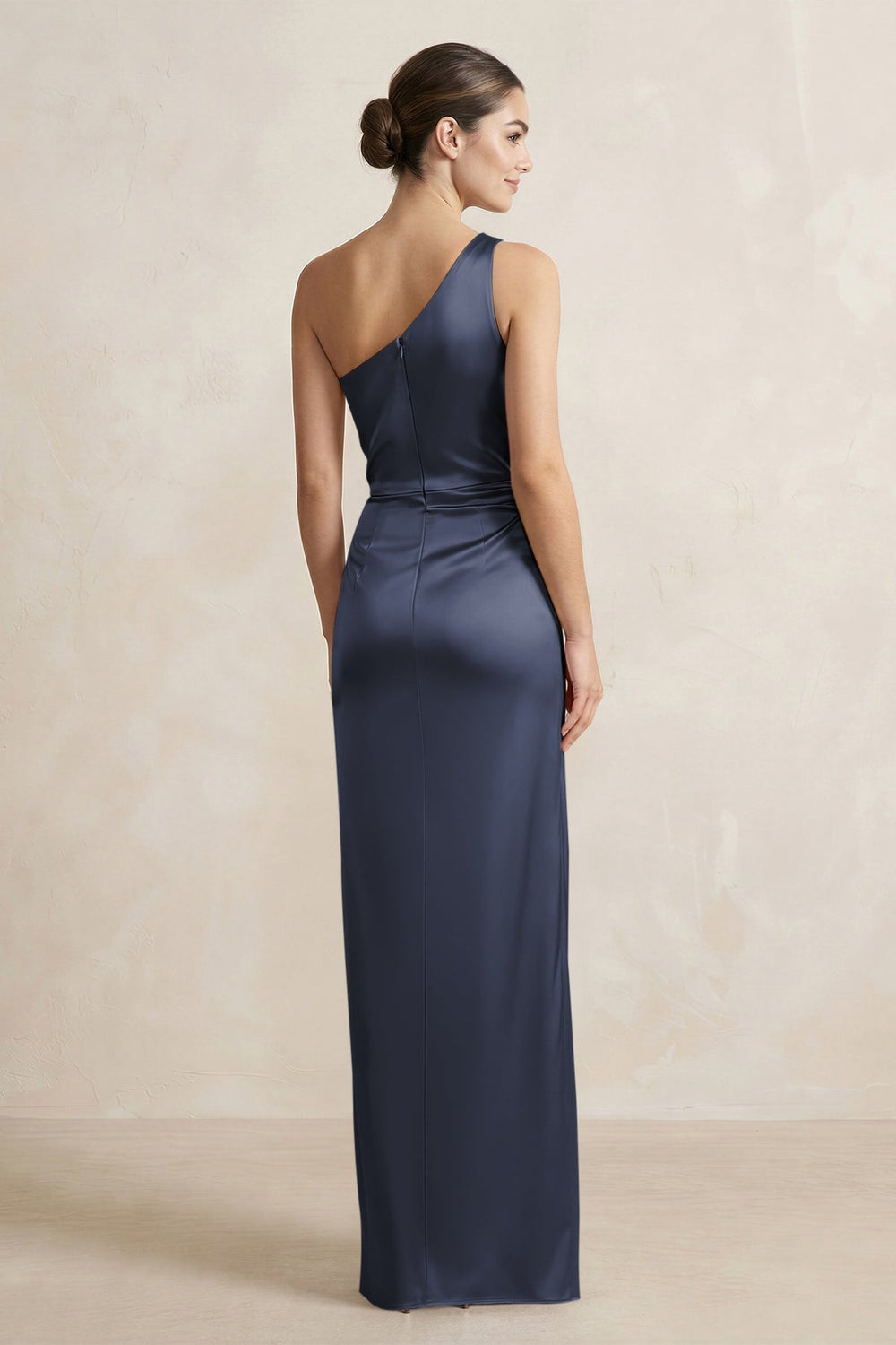 One - Shoulder Ruched Sheath Satin Bridesmaid Dress in Dark Navy - KISS BRIDAL Bridesmaid Dresses