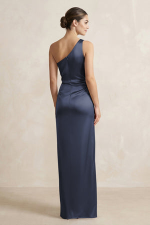 One - Shoulder Ruched Sheath Satin Bridesmaid Dress in Dark Navy - SHE IS ME Bridesmaid Dresses