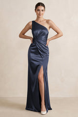 One - Shoulder Ruched Sheath Satin Bridesmaid Dress in Dark Navy - KISS BRIDAL Bridesmaid Dresses