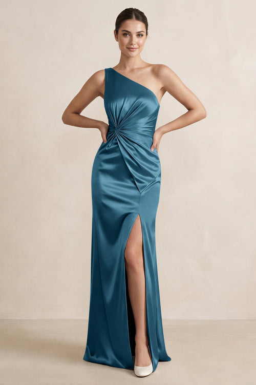One - Shoulder Ruched Sheath Satin Bridesmaid Dress in Dark Teal - SHE IS ME Bridesmaid Dresses