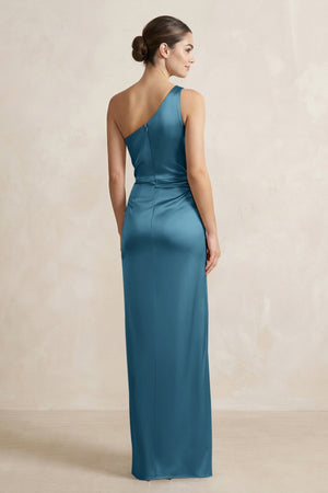 One - Shoulder Ruched Sheath Satin Bridesmaid Dress in Dark Teal - SHE IS ME Bridesmaid Dresses