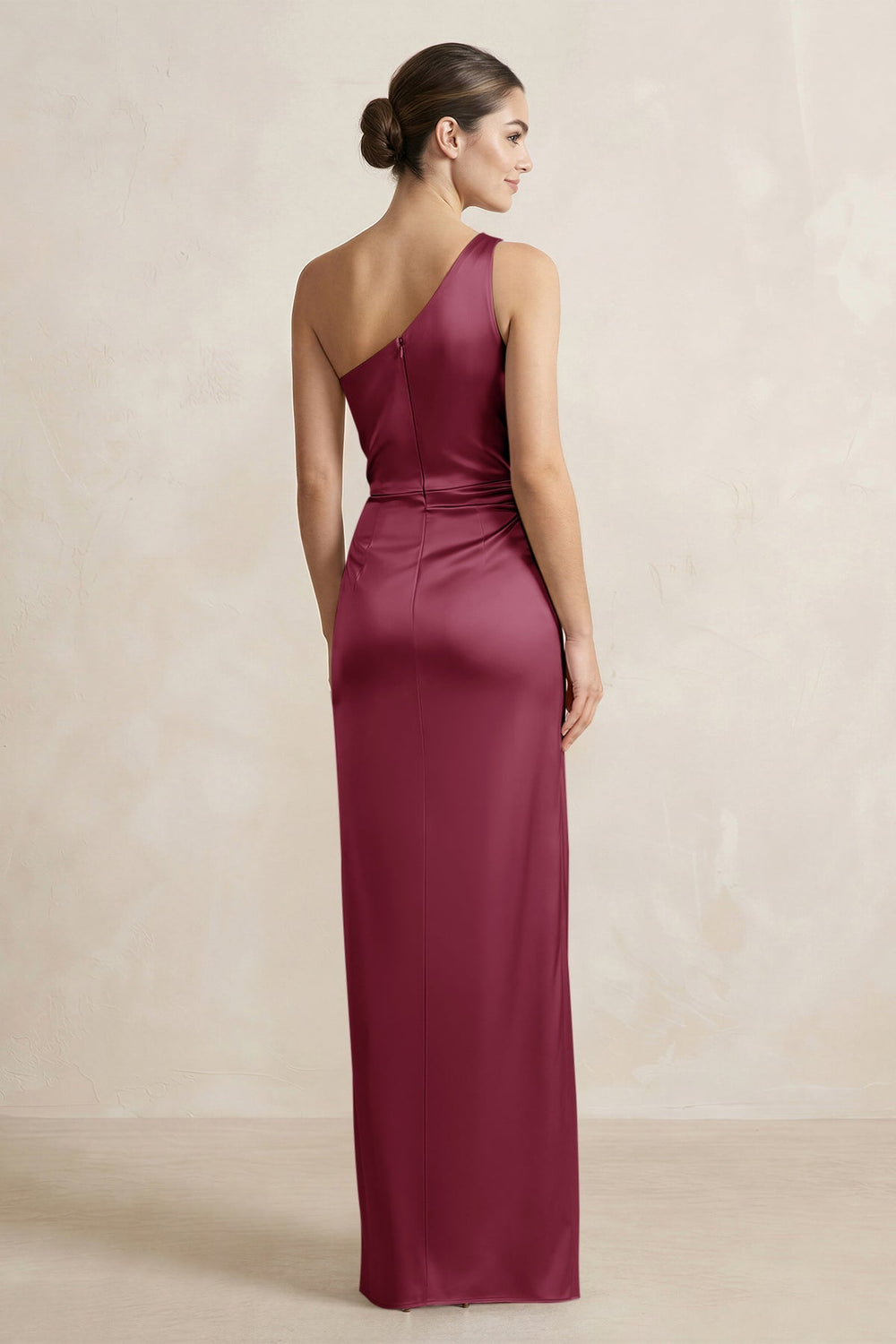 One - Shoulder Ruched Sheath Satin Bridesmaid Dress in Desert Rose - KISS BRIDAL Bridesmaid Dresses