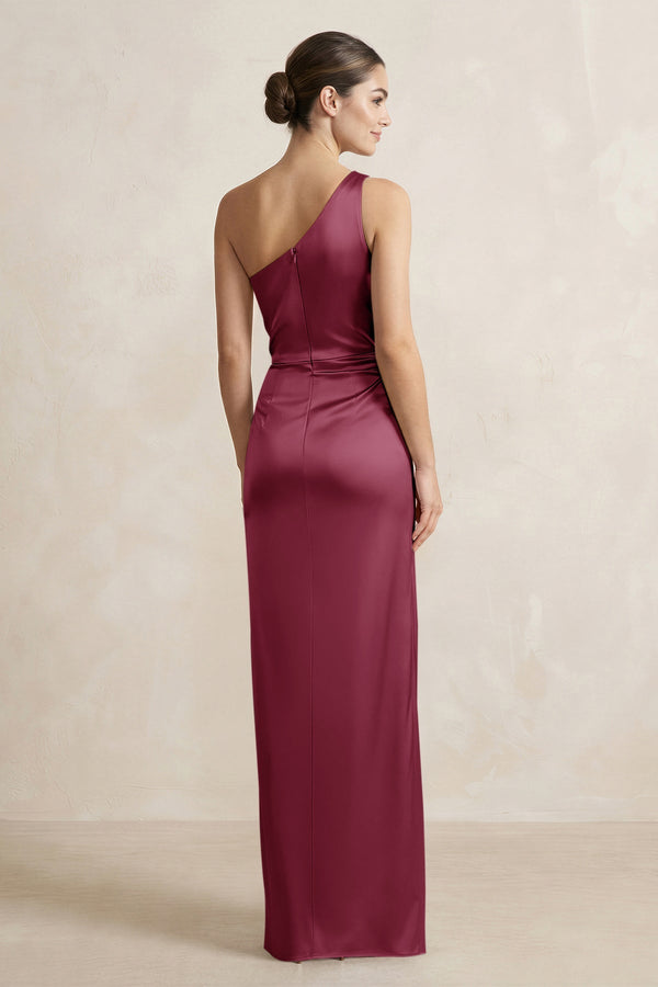 One - Shoulder Ruched Sheath Satin Bridesmaid Dress in Desert Rose - KISS BRIDAL Bridesmaid Dresses