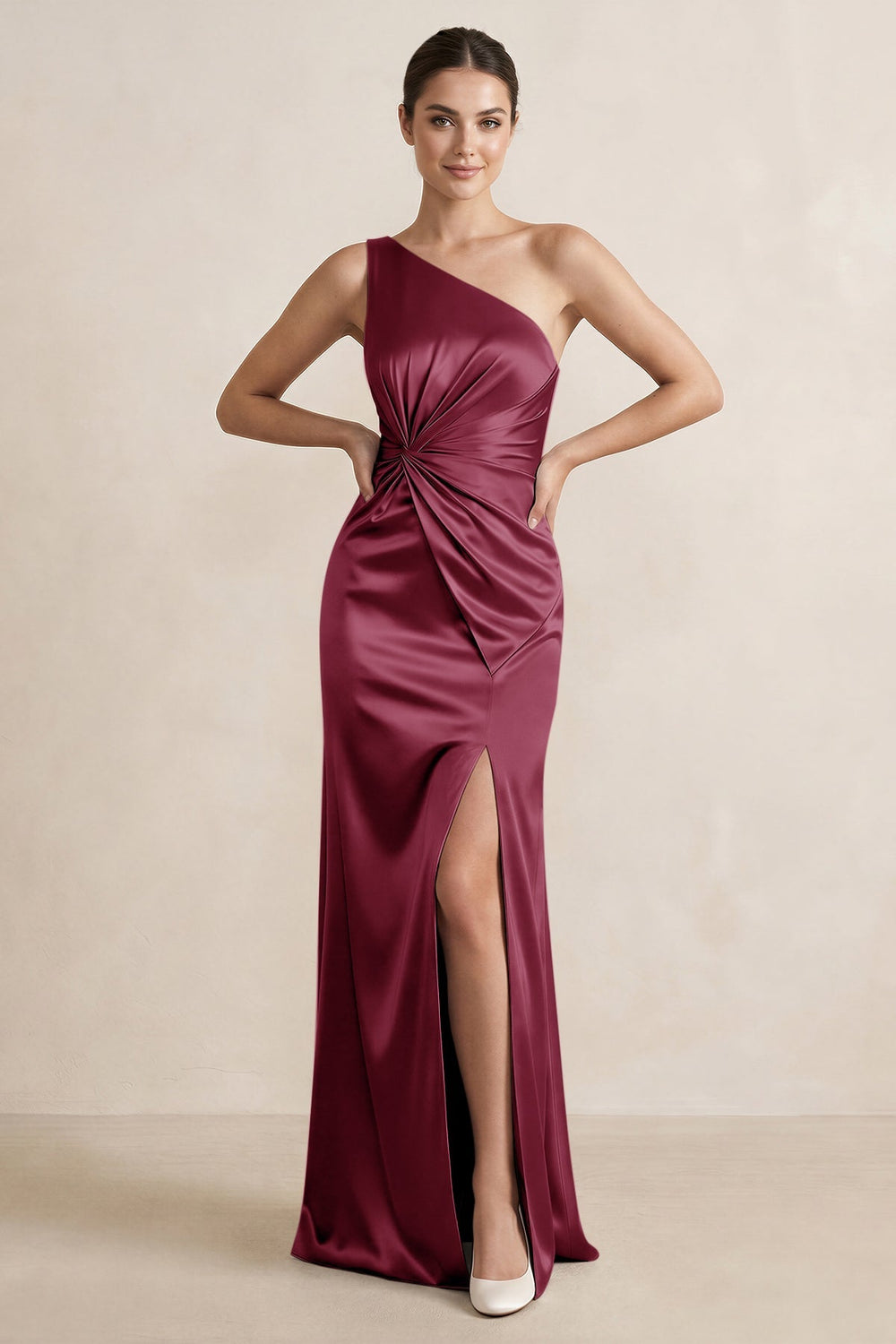 One - Shoulder Ruched Sheath Satin Bridesmaid Dress in Desert Rose - KISS BRIDAL Bridesmaid Dresses