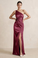 One - Shoulder Ruched Sheath Satin Bridesmaid Dress in Desert Rose - KISS BRIDAL Bridesmaid Dresses