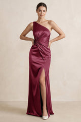 One - Shoulder Ruched Sheath Satin Bridesmaid Dress in Desert Rose - KISS BRIDAL Bridesmaid Dresses