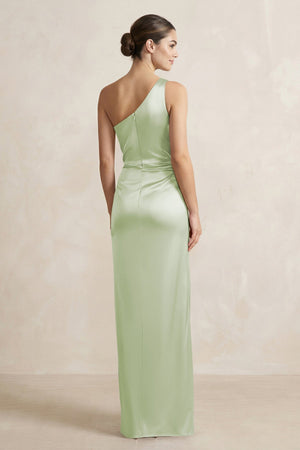 One - Shoulder Ruched Sheath Satin Bridesmaid Dress in Dusty Sage - SHE IS ME Bridesmaid Dresses