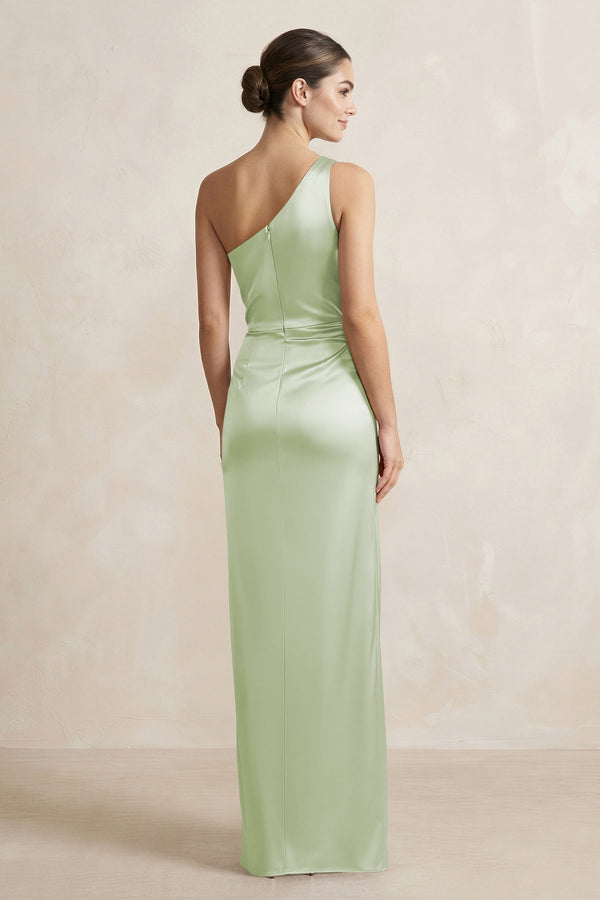 One - Shoulder Ruched Sheath Satin Bridesmaid Dress in Dusty Sage - SHE IS ME Bridesmaid Dresses
