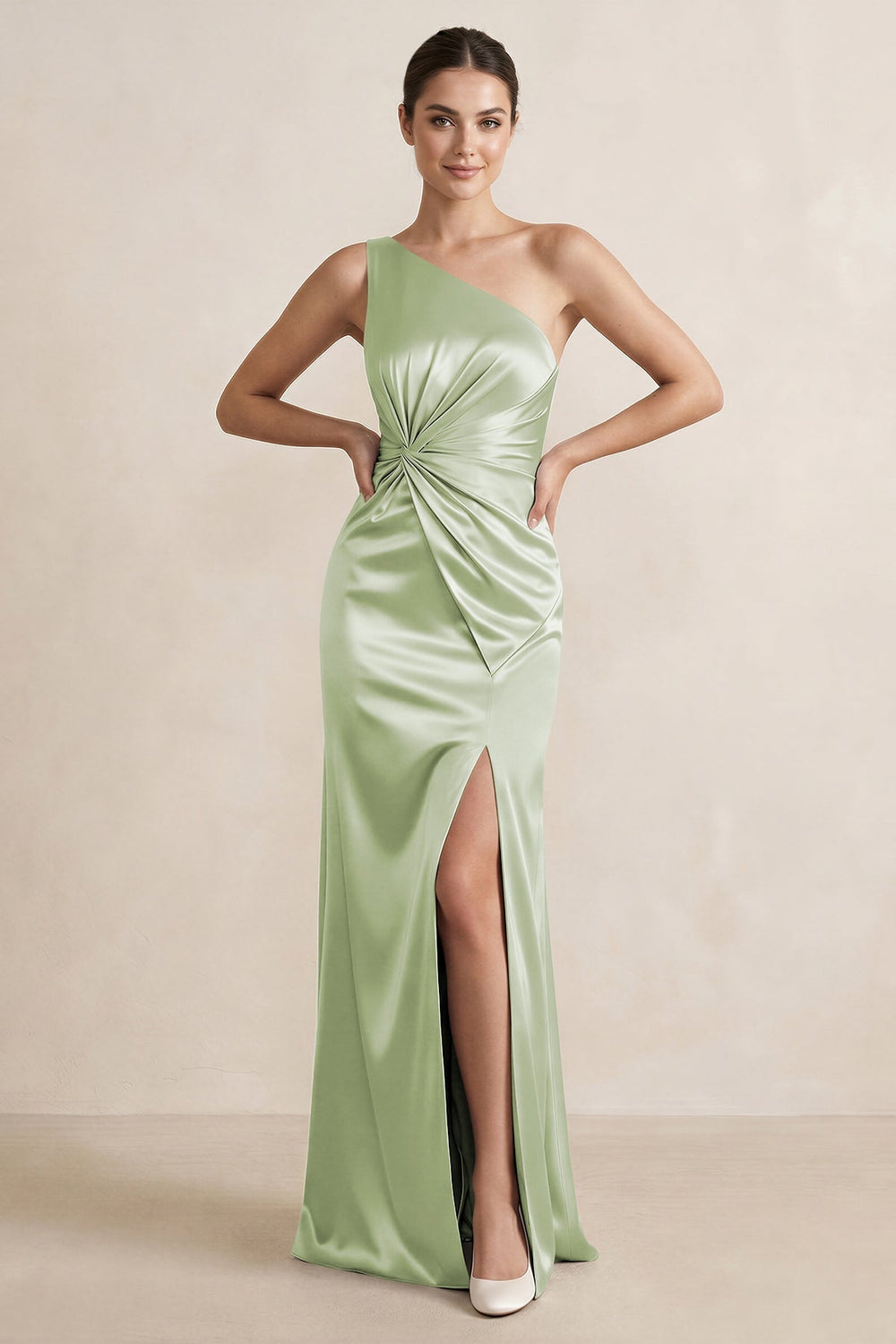 One - Shoulder Ruched Sheath Satin Bridesmaid Dress in Dusty Sage - KISS BRIDAL Bridesmaid Dresses
