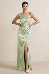 One - Shoulder Ruched Sheath Satin Bridesmaid Dress in Dusty Sage - KISS BRIDAL Bridesmaid Dresses