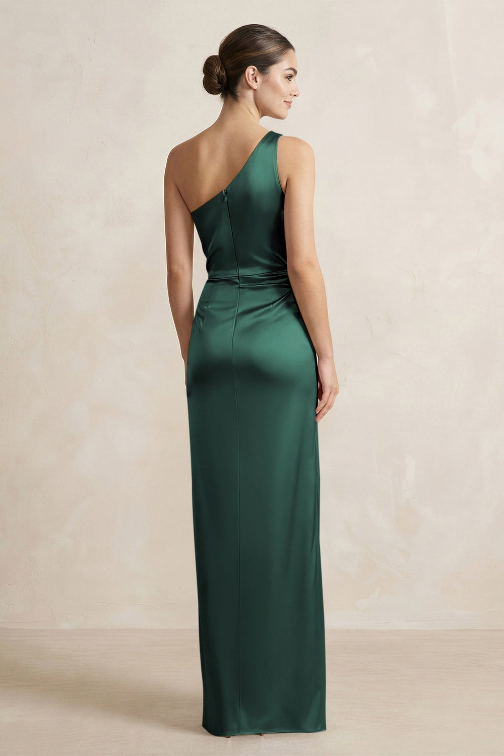 One - Shoulder Ruched Sheath Satin Bridesmaid Dress in Emerald - KISS BRIDAL Bridesmaid Dresses