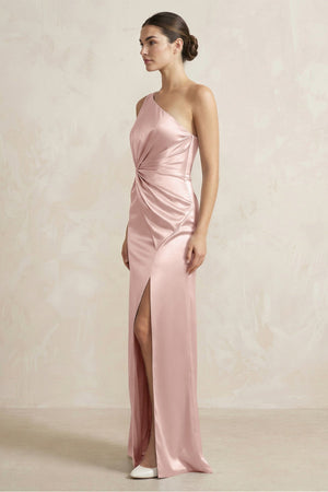 One - Shoulder Ruched Sheath Satin Bridesmaid Dress in English Rose - SHE IS ME Bridesmaid Dresses