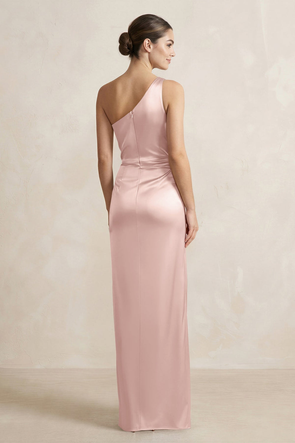 One - Shoulder Ruched Sheath Satin Bridesmaid Dress in English Rose - SHE IS ME Bridesmaid Dresses