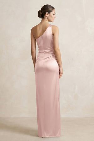 One - Shoulder Ruched Sheath Satin Bridesmaid Dress in English Rose - SHE IS ME Bridesmaid Dresses