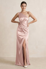 One - Shoulder Ruched Sheath Satin Bridesmaid Dress in English Rose - KISS BRIDAL Bridesmaid Dresses