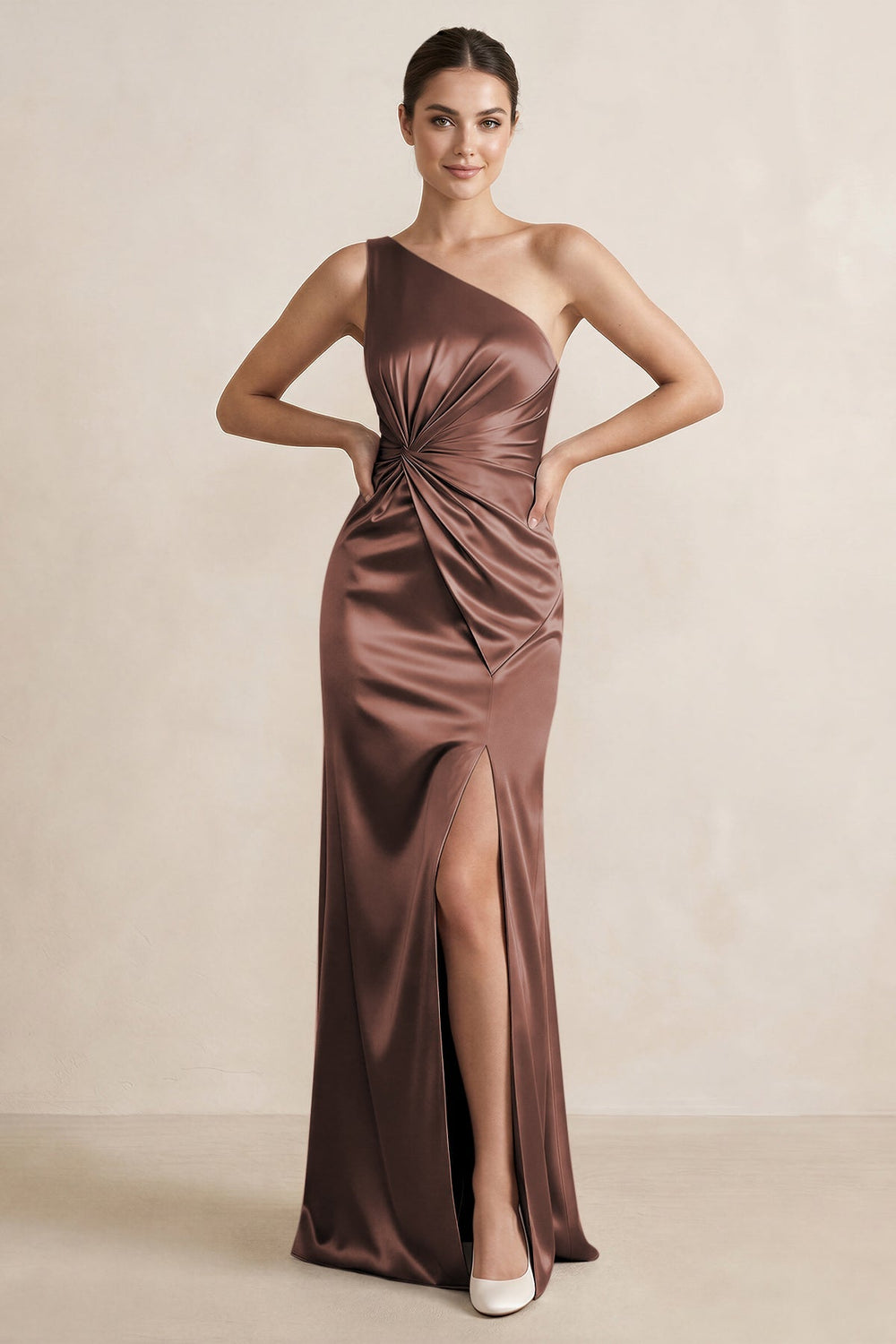 One - Shoulder Ruched Sheath Satin Bridesmaid Dress in Espresso - KISS BRIDAL Bridesmaid Dresses