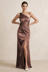 One - Shoulder Ruched Sheath Satin Bridesmaid Dress in Espresso - KISS BRIDAL Bridesmaid Dresses