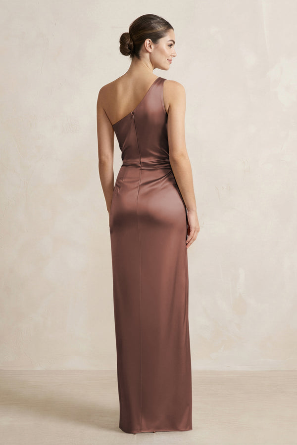 One - Shoulder Ruched Sheath Satin Bridesmaid Dress in Espresso - SHE IS ME Bridesmaid Dresses