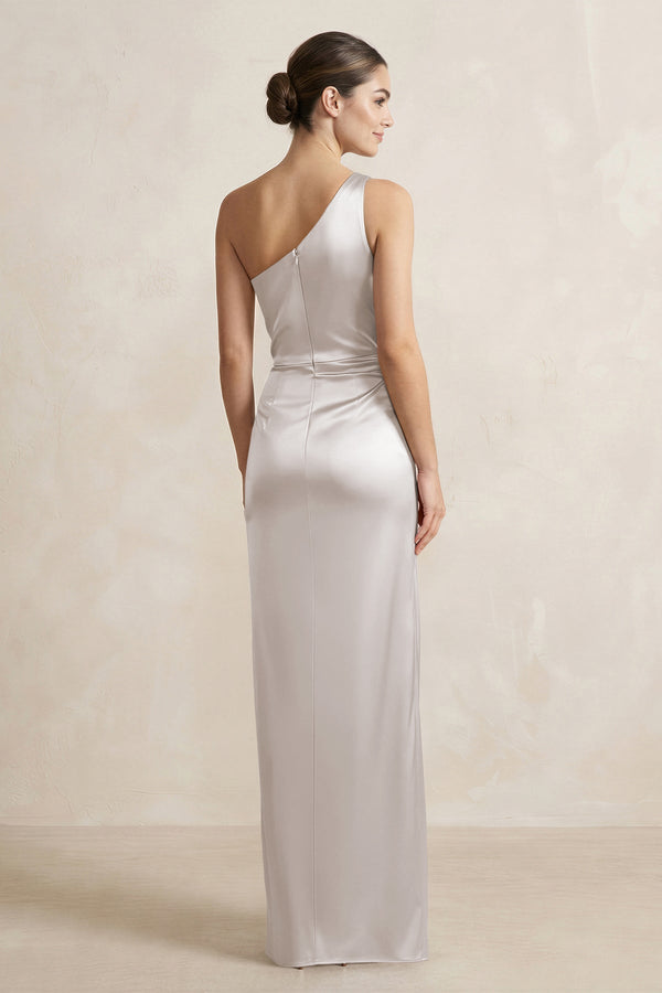 One - Shoulder Ruched Sheath Satin Bridesmaid Dress in Frost - KISS BRIDAL Bridesmaid Dresses