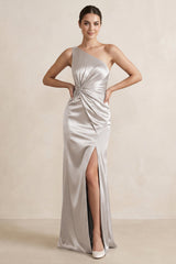 One - Shoulder Ruched Sheath Satin Bridesmaid Dress in Frost - KISS BRIDAL Bridesmaid Dresses