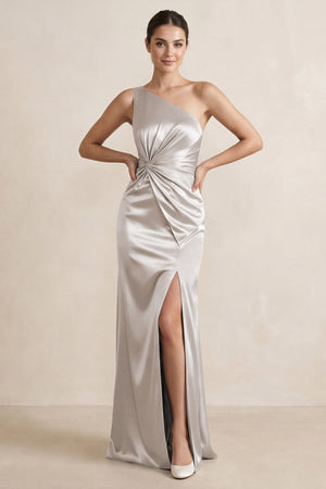 One - Shoulder Ruched Sheath Satin Bridesmaid Dress in Frost - KISS BRIDAL Bridesmaid Dresses