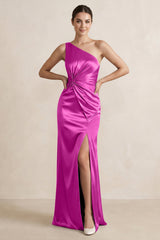 One - Shoulder Ruched Sheath Satin Bridesmaid Dress in Fuchsia - KISS BRIDAL Bridesmaid Dresses