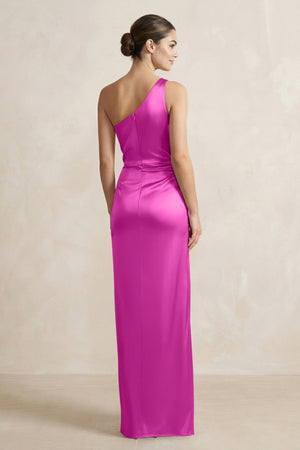One - Shoulder Ruched Sheath Satin Bridesmaid Dress in Fuchsia - KISS BRIDAL Bridesmaid Dresses