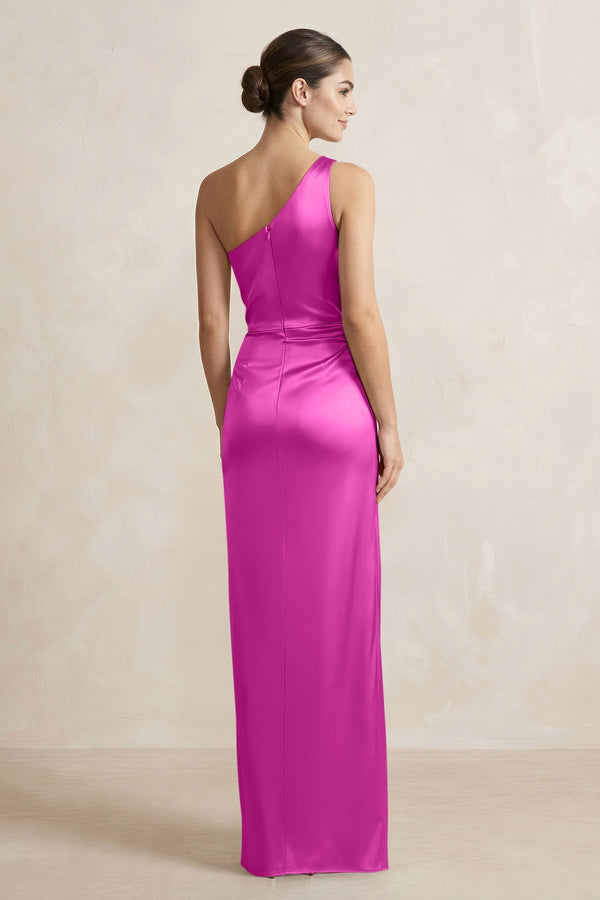 One - Shoulder Ruched Sheath Satin Bridesmaid Dress in Fuchsia - KISS BRIDAL Bridesmaid Dresses
