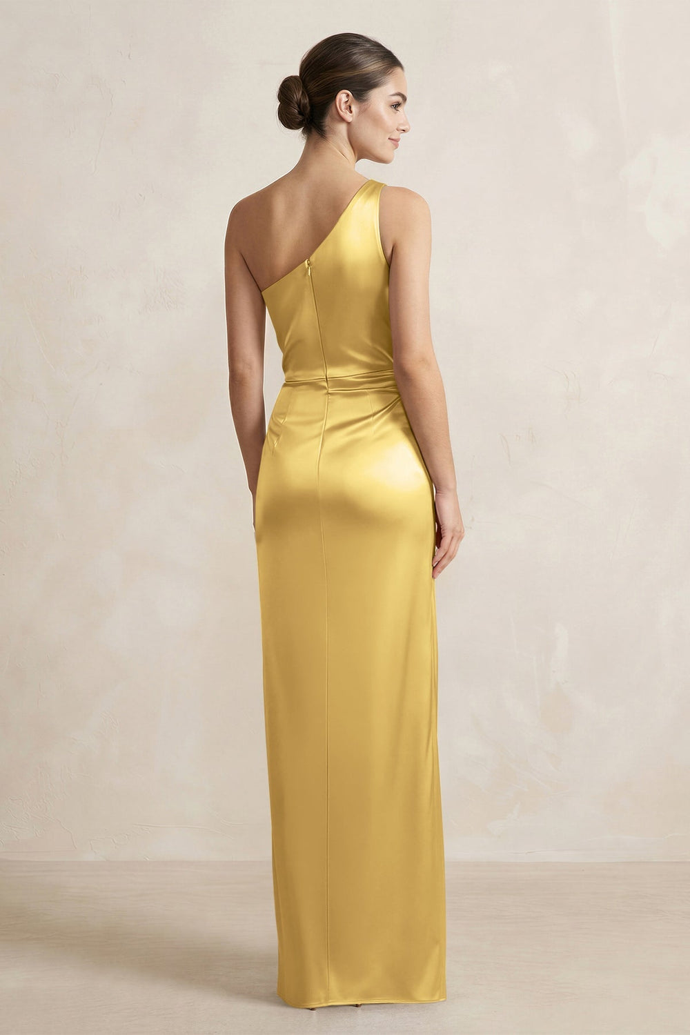 One - Shoulder Ruched Sheath Satin Bridesmaid Dress in Gold - KISS BRIDAL Bridesmaid Dresses