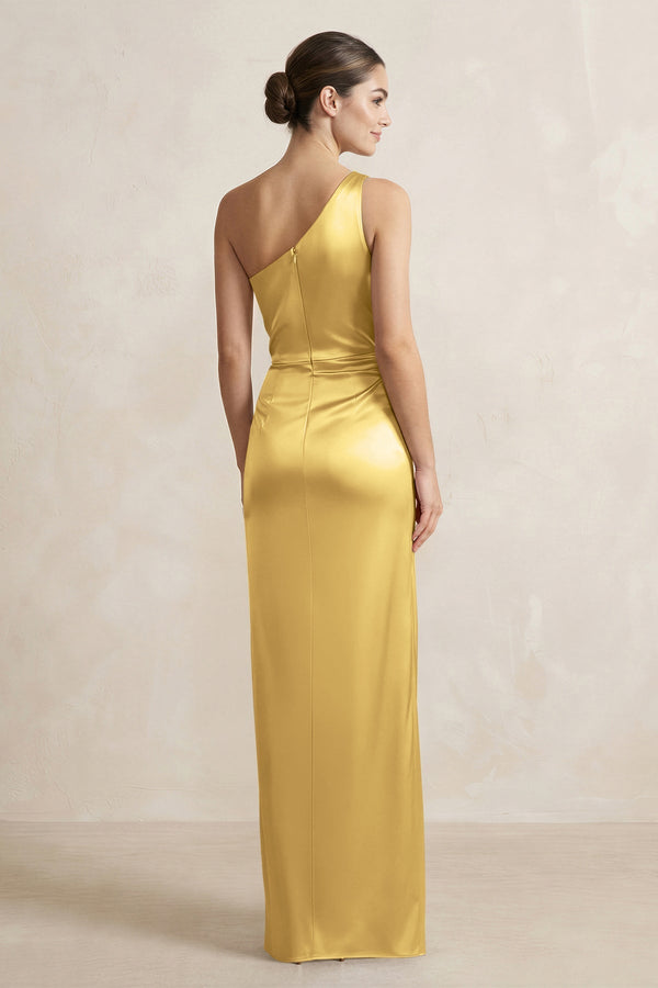 One - Shoulder Ruched Sheath Satin Bridesmaid Dress in Gold - KISS BRIDAL Bridesmaid Dresses