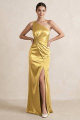 One - Shoulder Ruched Sheath Satin Bridesmaid Dress in Gold - KISS BRIDAL Bridesmaid Dresses