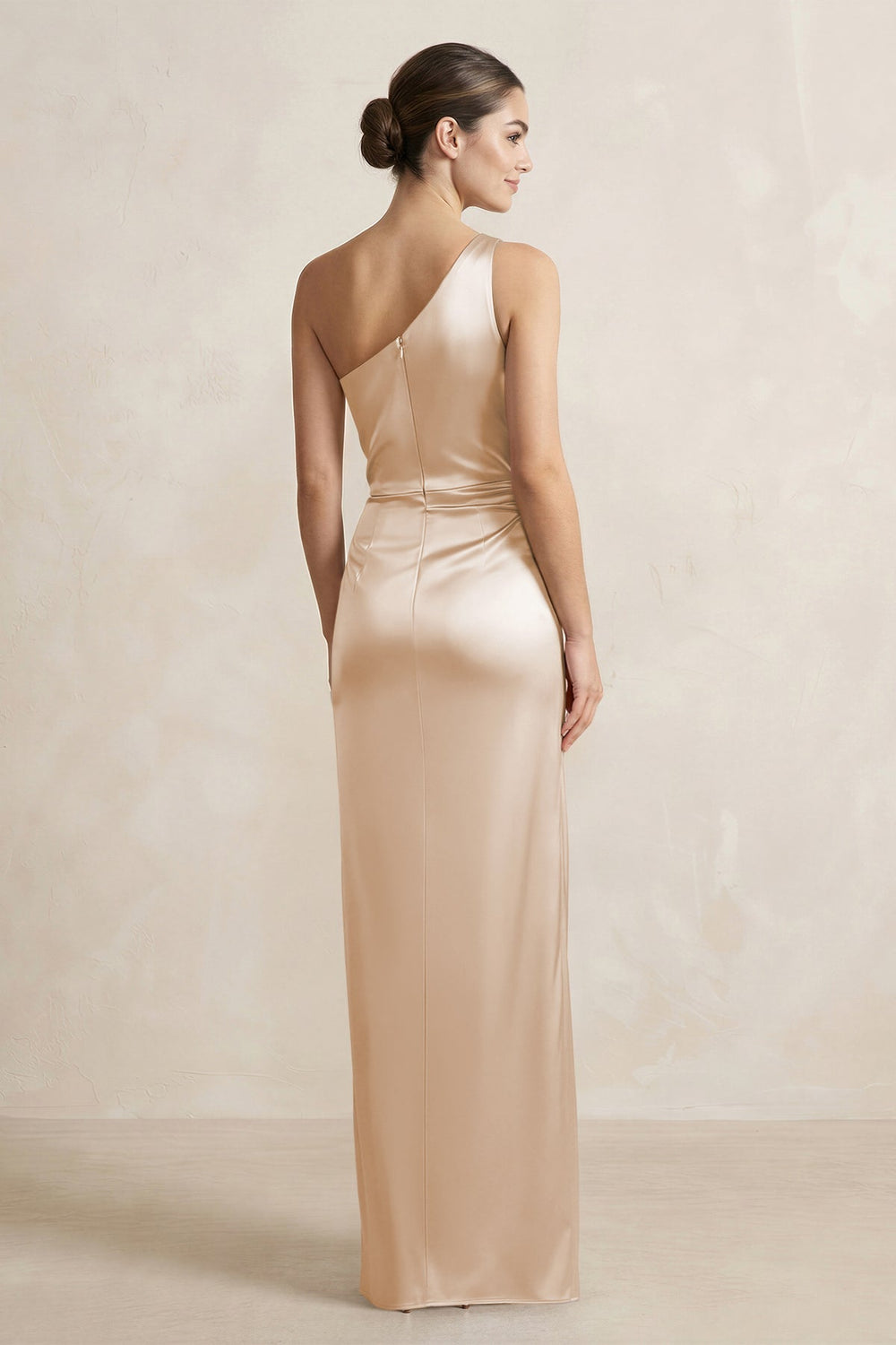 One - Shoulder Ruched Sheath Satin Bridesmaid Dress in Golden Champagne - KISS BRIDAL Bridesmaid Dresses
