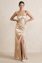 One - Shoulder Ruched Sheath Satin Bridesmaid Dress in Golden Champagne - KISS BRIDAL Bridesmaid Dresses