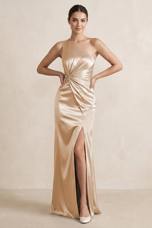One - Shoulder Ruched Sheath Satin Bridesmaid Dress in Golden Champagne - SHE IS ME Bridesmaid Dresses