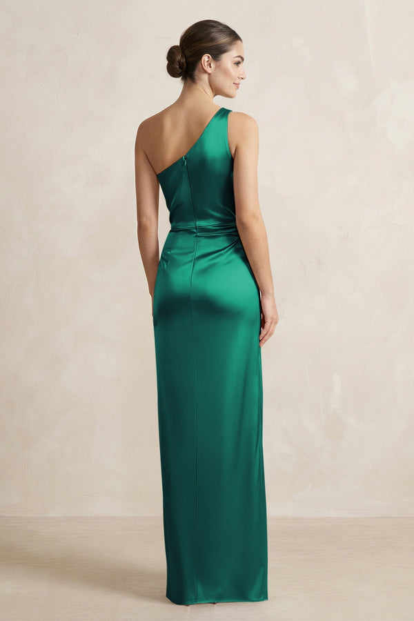 One - Shoulder Ruched Sheath Satin Bridesmaid Dress in Green - SHE IS ME Bridesmaid Dresses