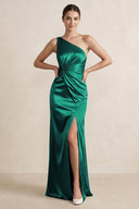 One - Shoulder Ruched Sheath Satin Bridesmaid Dress in Green - SHE IS ME Bridesmaid Dresses