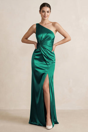 One - Shoulder Ruched Sheath Satin Bridesmaid Dress in Green - SHE IS ME Bridesmaid Dresses