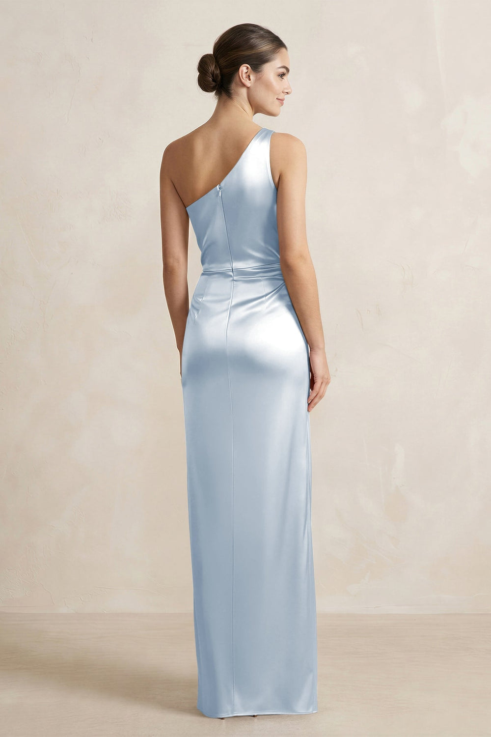 One - Shoulder Ruched Sheath Satin Bridesmaid Dress in Ice - KISS BRIDAL Bridesmaid Dresses