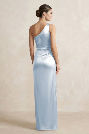One - Shoulder Ruched Sheath Satin Bridesmaid Dress in Ice - SHE IS ME Bridesmaid Dresses