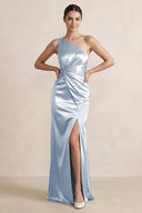 One - Shoulder Ruched Sheath Satin Bridesmaid Dress in Ice - SHE IS ME Bridesmaid Dresses