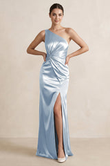 One - Shoulder Ruched Sheath Satin Bridesmaid Dress in Ice - KISS BRIDAL Bridesmaid Dresses